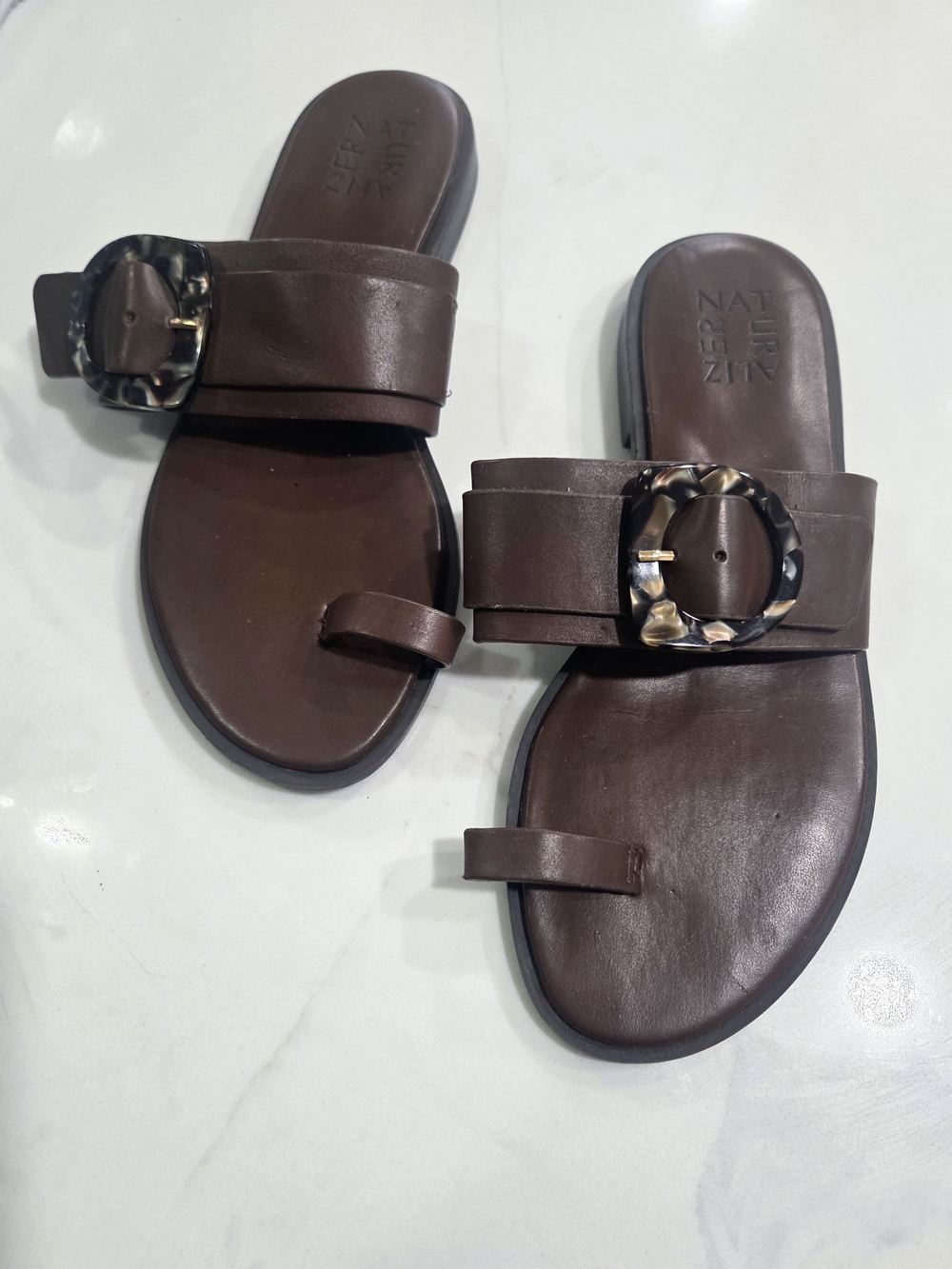 Naturalizer Brown Leather Slide Sandals with Tortoiseshell Buckle